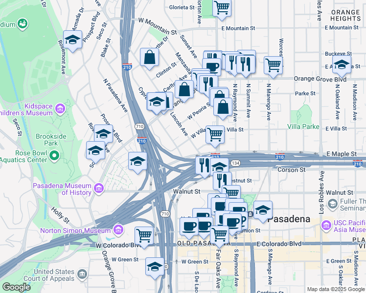 map of restaurants, bars, coffee shops, grocery stores, and more near in Pasadena