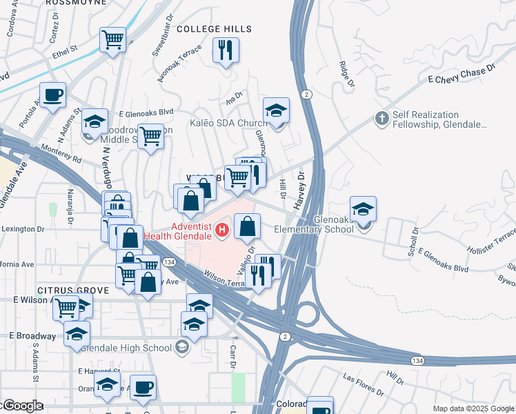 map of restaurants, bars, coffee shops, grocery stores, and more near 1600 East Chevy Chase Drive in Glendale