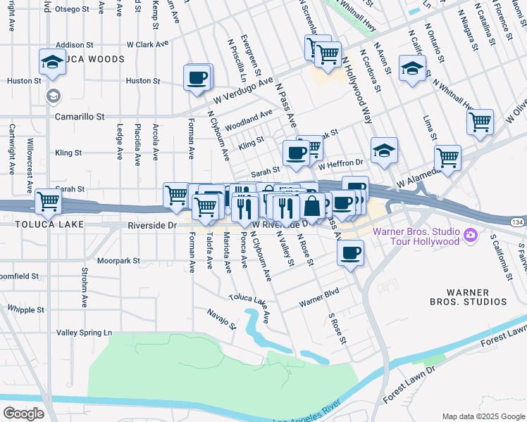 map of restaurants, bars, coffee shops, grocery stores, and more near 235 North Valley Street in Burbank