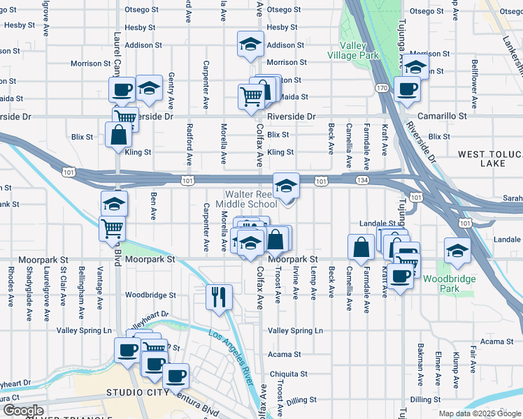 map of restaurants, bars, coffee shops, grocery stores, and more near 4549 Colfax Avenue in Los Angeles
