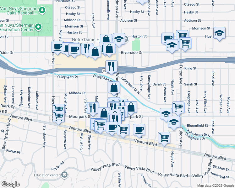 map of restaurants, bars, coffee shops, grocery stores, and more near 4522 Woodman Avenue in Los Angeles