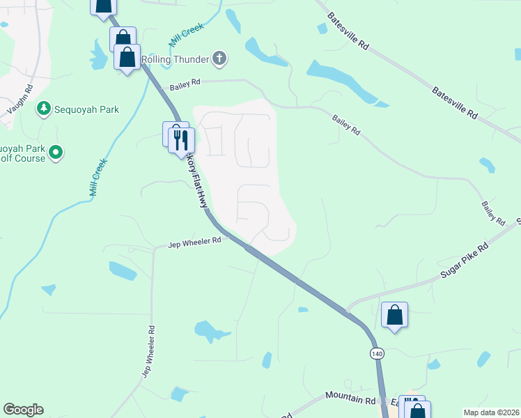 map of restaurants, bars, coffee shops, grocery stores, and more near 119 Northbrooke Trace in Woodstock