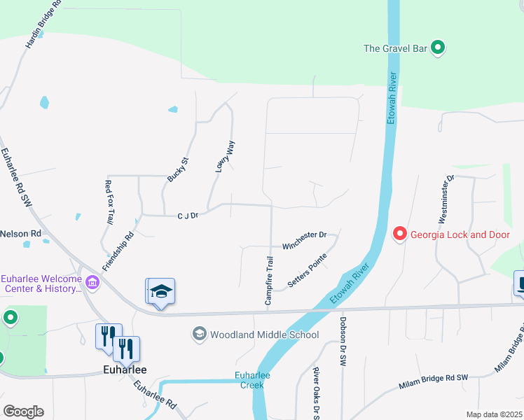 map of restaurants, bars, coffee shops, grocery stores, and more near 17 River Walk Parkway in Euharlee