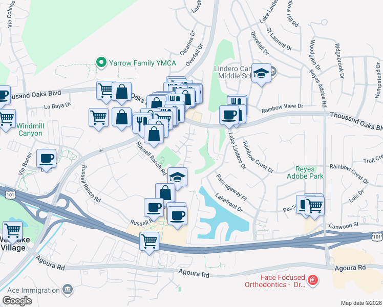 map of restaurants, bars, coffee shops, grocery stores, and more near 30813 Paris Court in Westlake Village