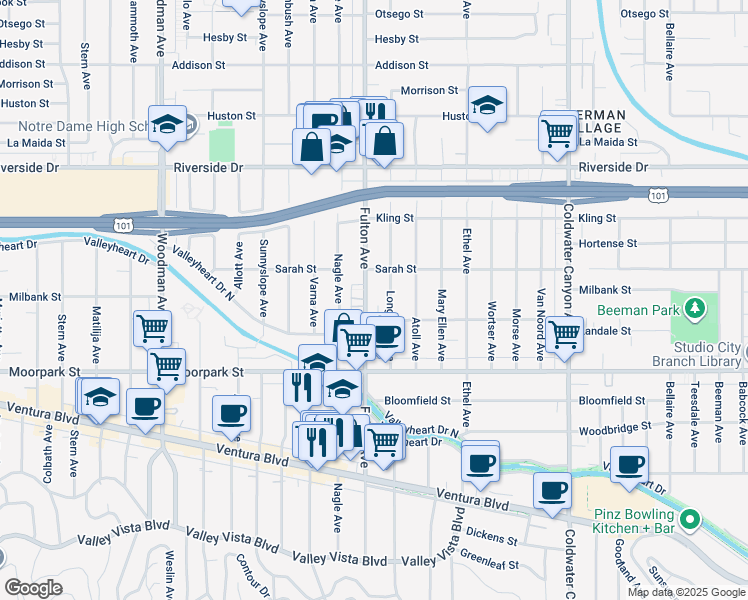 map of restaurants, bars, coffee shops, grocery stores, and more near 4520 Fulton Avenue in Los Angeles