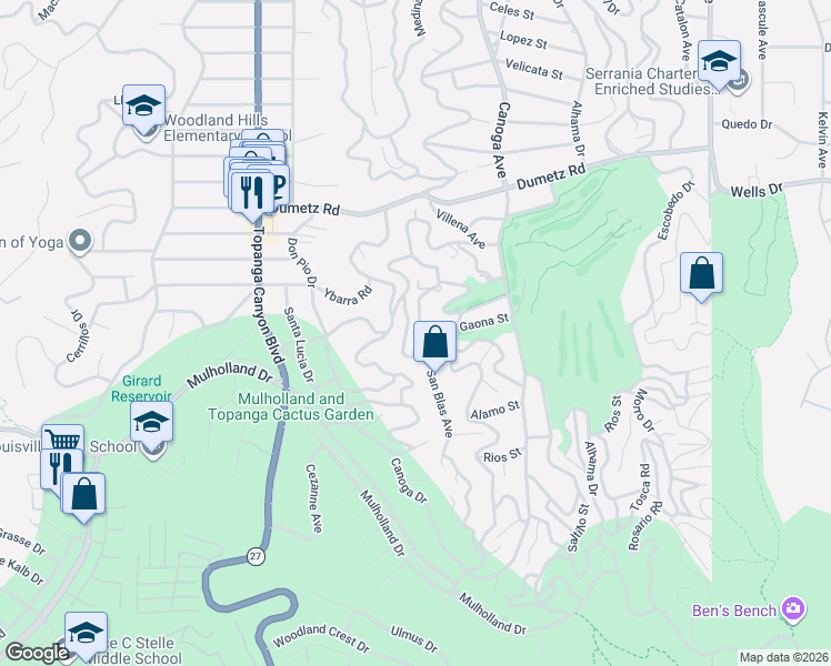 map of restaurants, bars, coffee shops, grocery stores, and more near 4927 Alatar Drive in Los Angeles
