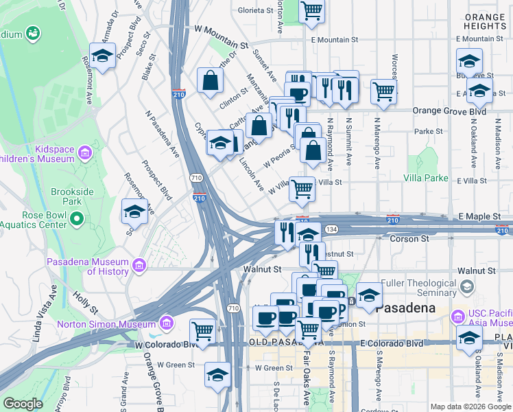 map of restaurants, bars, coffee shops, grocery stores, and more near in Pasadena