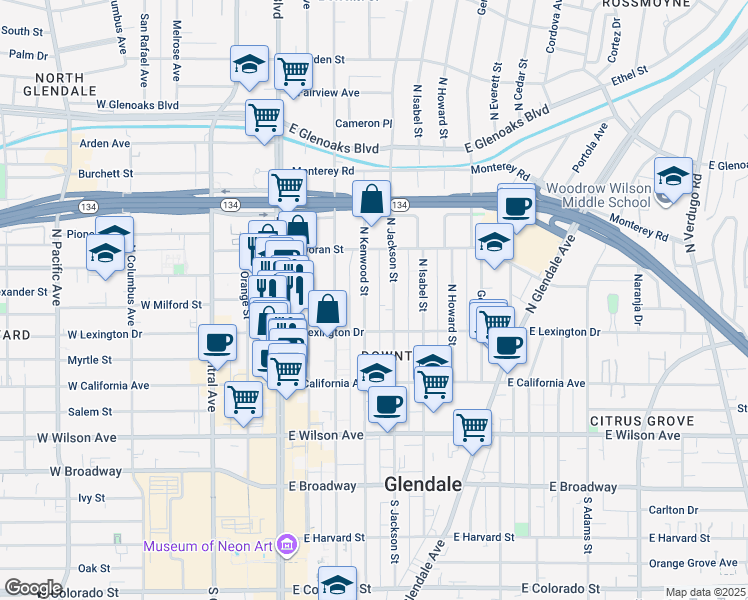 map of restaurants, bars, coffee shops, grocery stores, and more near 432 North Kenwood Street in Glendale