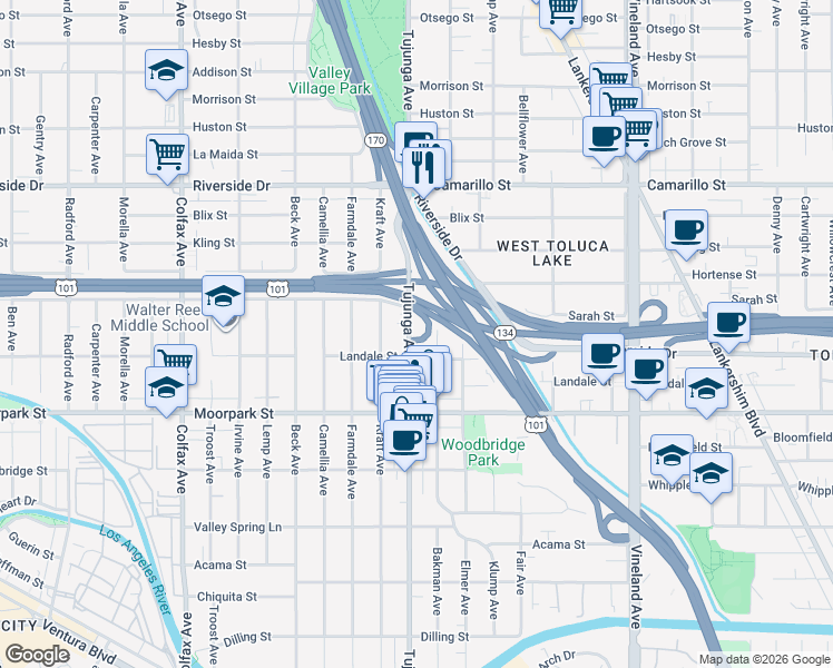 map of restaurants, bars, coffee shops, grocery stores, and more near 4524 Tujunga Avenue in Los Angeles