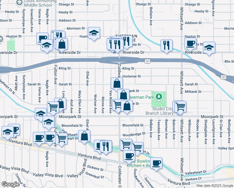 map of restaurants, bars, coffee shops, grocery stores, and more near 4525 Coldwater Canyon Avenue in Los Angeles