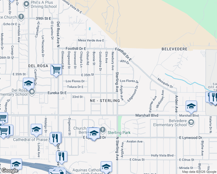 map of restaurants, bars, coffee shops, grocery stores, and more near 5559 Elm Avenue in San Bernardino