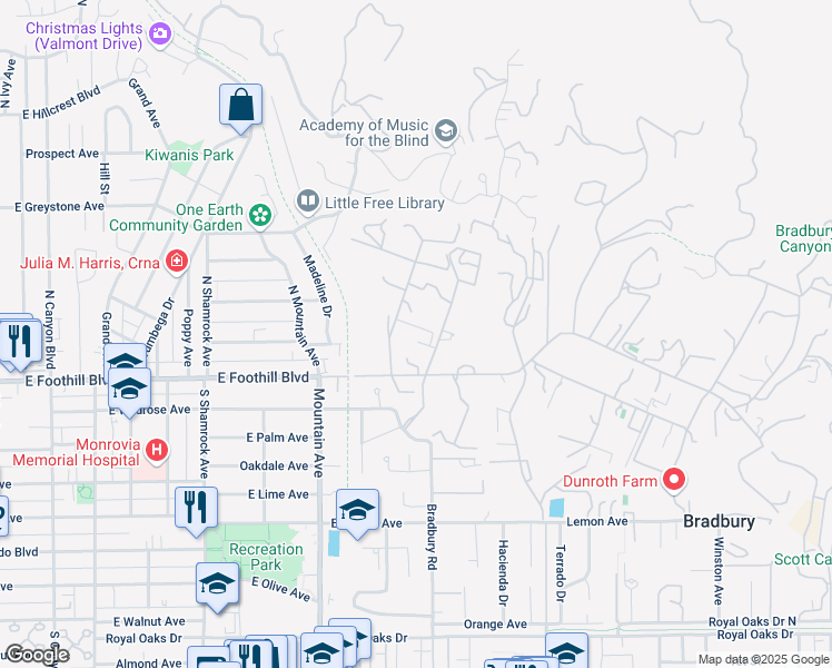 map of restaurants, bars, coffee shops, grocery stores, and more near 61 Palm Hill Lane in Bradbury