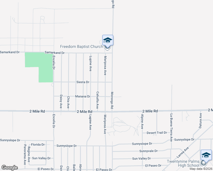 map of restaurants, bars, coffee shops, grocery stores, and more near 5494 Mariposa Avenue in Twentynine Palms