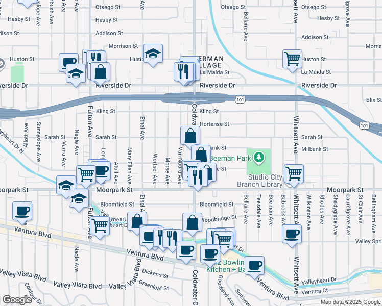 map of restaurants, bars, coffee shops, grocery stores, and more near 4525 Coldwater Canyon Avenue in Los Angeles