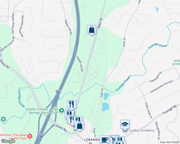 map of restaurants, bars, coffee shops, grocery stores, and more near 100 Holly Park Lane in Holly Springs