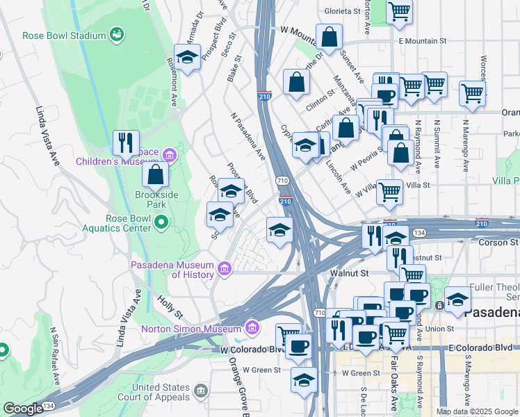 map of restaurants, bars, coffee shops, grocery stores, and more near N Orange Grove Blvd & Prospect Blvd in Pasadena