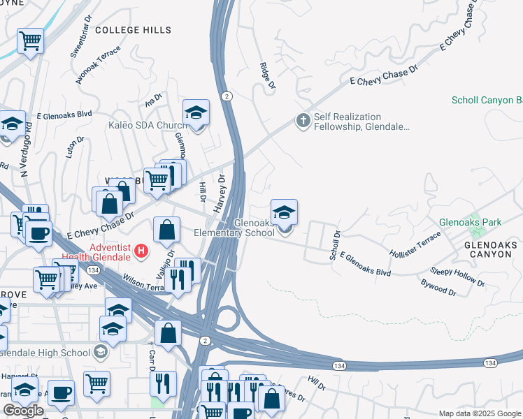 map of restaurants, bars, coffee shops, grocery stores, and more near 450 Mount Carmel Drive in Glendale