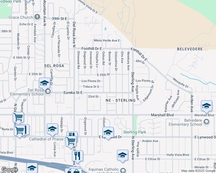 map of restaurants, bars, coffee shops, grocery stores, and more near 5560 Bonnie Street in San Bernardino