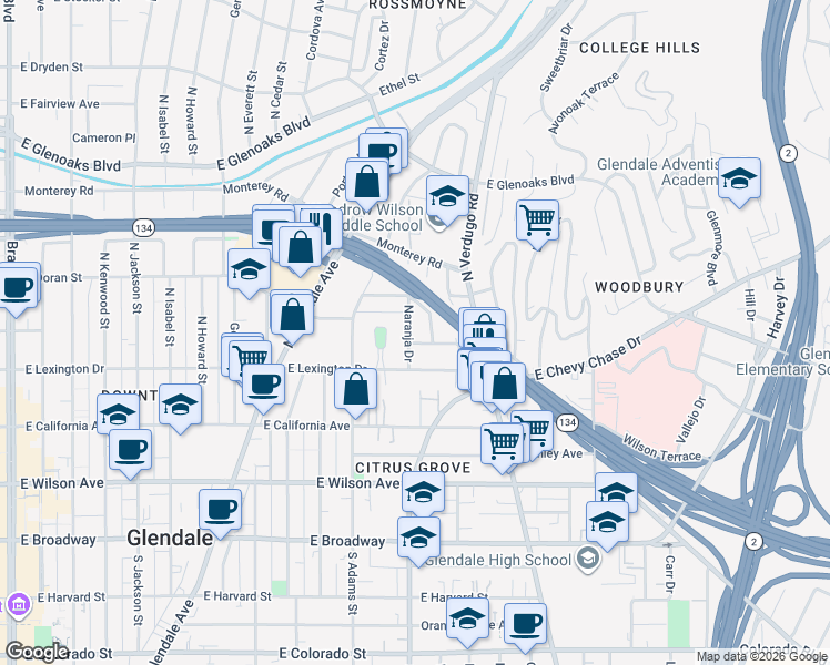 map of restaurants, bars, coffee shops, grocery stores, and more near 506 Naranja Drive in Glendale