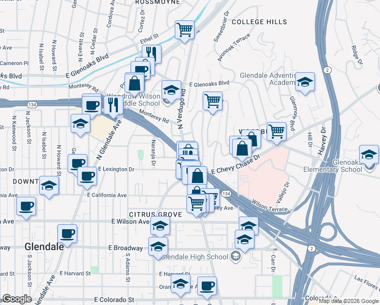 map of restaurants, bars, coffee shops, grocery stores, and more near 506 La Loma Road in Glendale