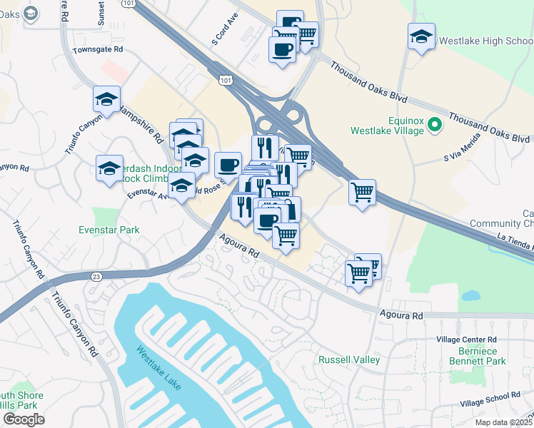 map of restaurants, bars, coffee shops, grocery stores, and more near 2725 Agoura Road in Westlake Village