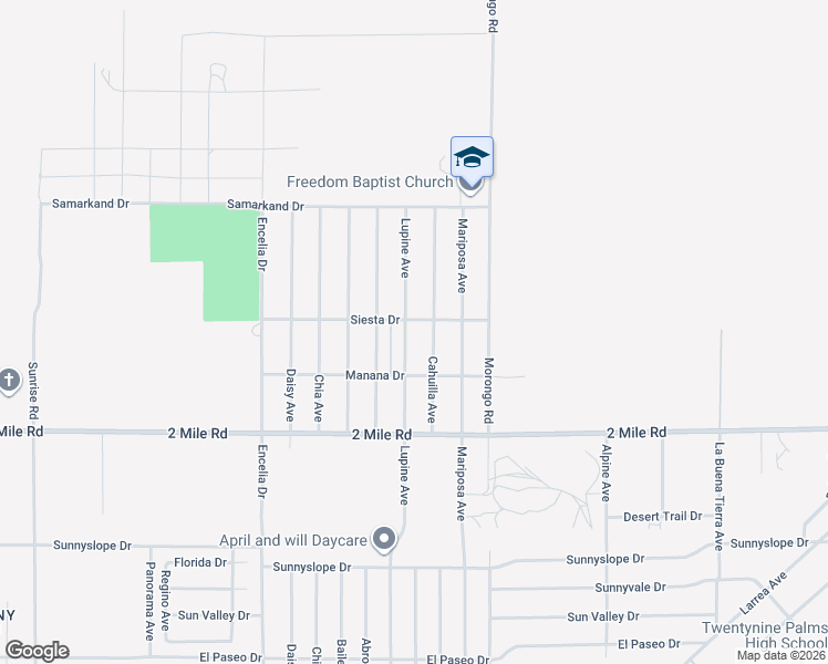 map of restaurants, bars, coffee shops, grocery stores, and more near 5525 Lupine Avenue in Twentynine Palms