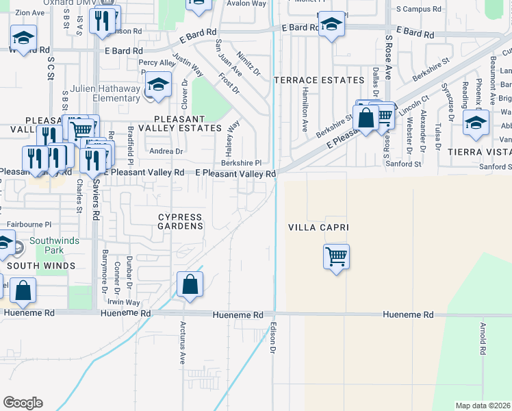 map of restaurants, bars, coffee shops, grocery stores, and more near 5182 Longfellow Way in Oxnard