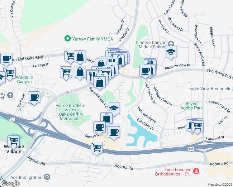 map of restaurants, bars, coffee shops, grocery stores, and more near 30813 Paris Court in Westlake Village