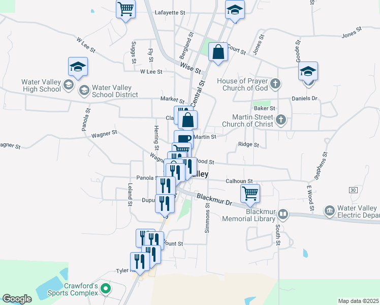 map of restaurants, bars, coffee shops, grocery stores, and more near 501 North Main Street in Water Valley