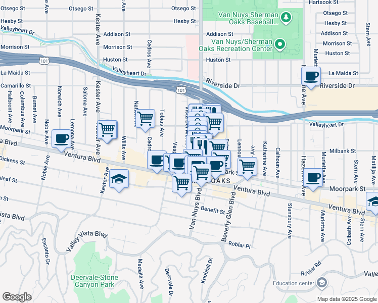 map of restaurants, bars, coffee shops, grocery stores, and more near 4464 Vista Del Monte Avenue in Los Angeles