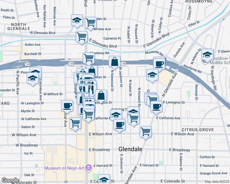 map of restaurants, bars, coffee shops, grocery stores, and more near 432 North Kenwood Street in Glendale