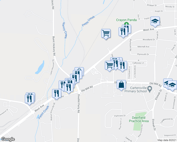 map of restaurants, bars, coffee shops, grocery stores, and more near 1266 Cartersville Highway in Cartersville