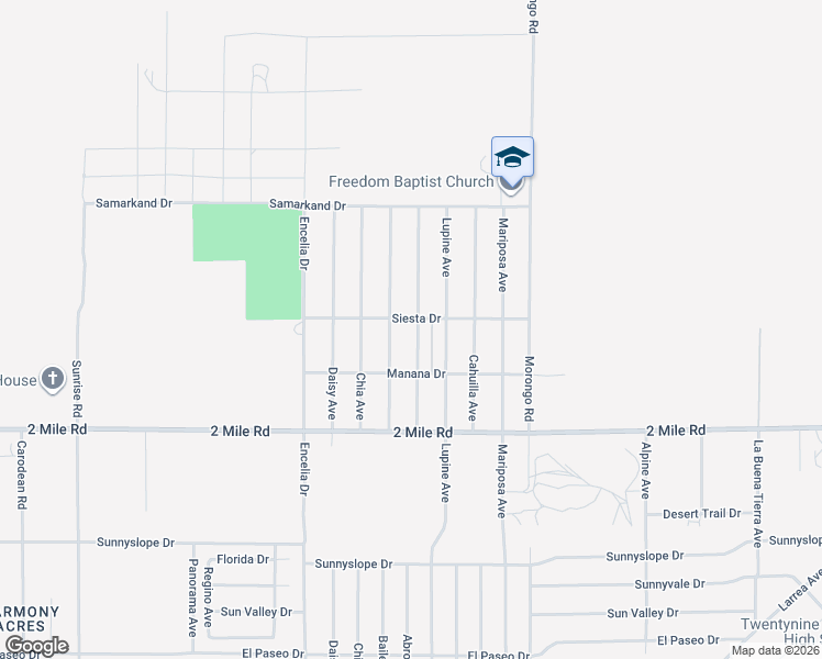 map of restaurants, bars, coffee shops, grocery stores, and more near 5524 Abronia Avenue in Twentynine Palms