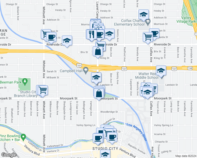 map of restaurants, bars, coffee shops, grocery stores, and more near 4524 Laurel Canyon Boulevard in Los Angeles