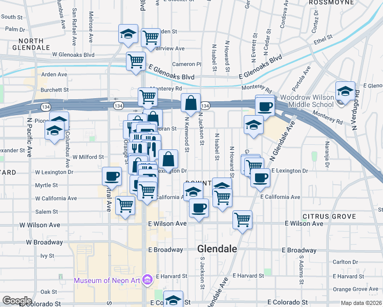 map of restaurants, bars, coffee shops, grocery stores, and more near 432 North Kenwood Street in Glendale