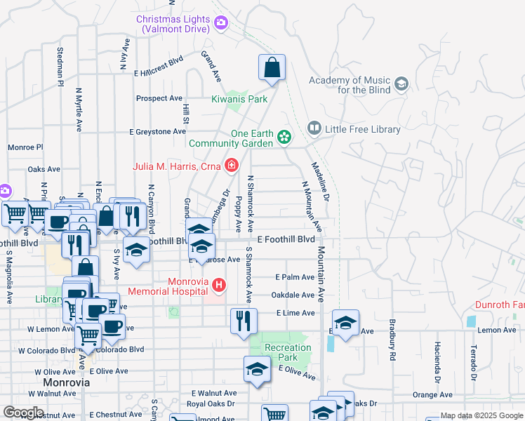 map of restaurants, bars, coffee shops, grocery stores, and more near 718 Valley View Avenue in Monrovia