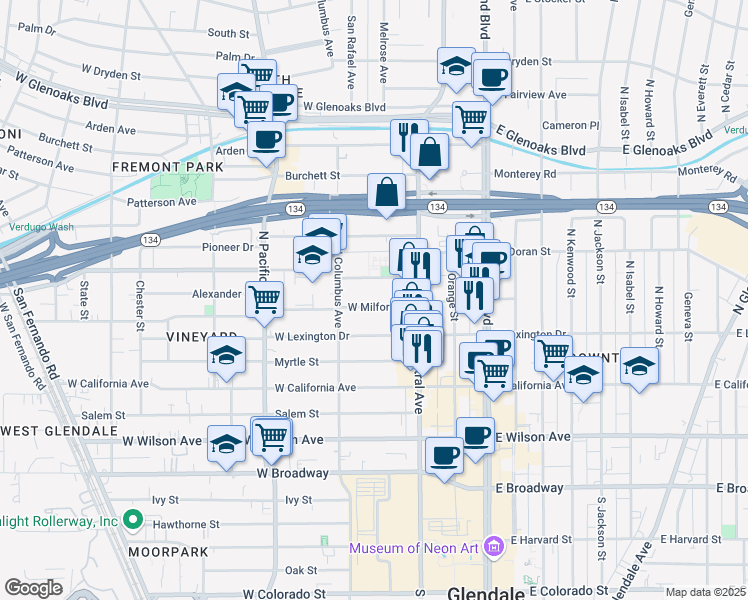 map of restaurants, bars, coffee shops, grocery stores, and more near 347 West Milford Street in Glendale