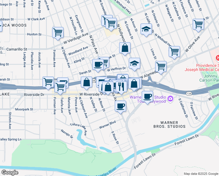 map of restaurants, bars, coffee shops, grocery stores, and more near in Burbank
