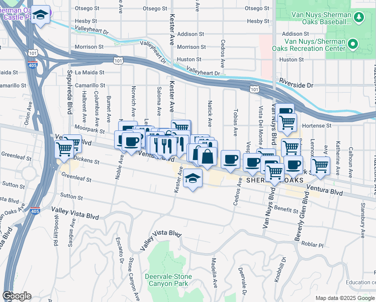 map of restaurants, bars, coffee shops, grocery stores, and more near 14845 Ventura Boulevard in Los Angeles