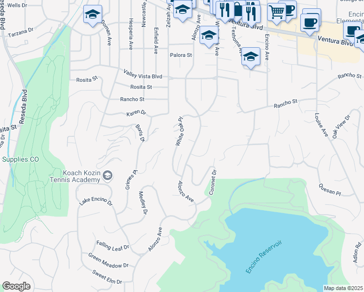 map of restaurants, bars, coffee shops, grocery stores, and more near 4545 Alonzo Avenue in Los Angeles