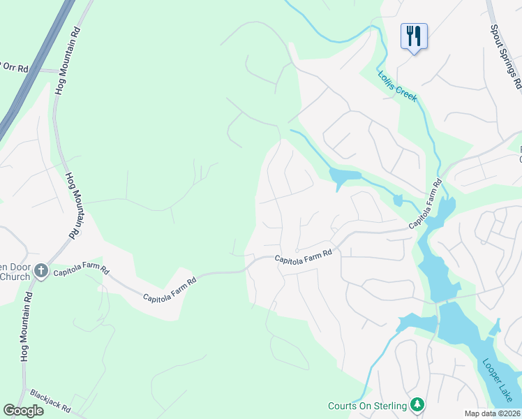 map of restaurants, bars, coffee shops, grocery stores, and more near 6596 Capitola Farm Road in Flowery Branch
