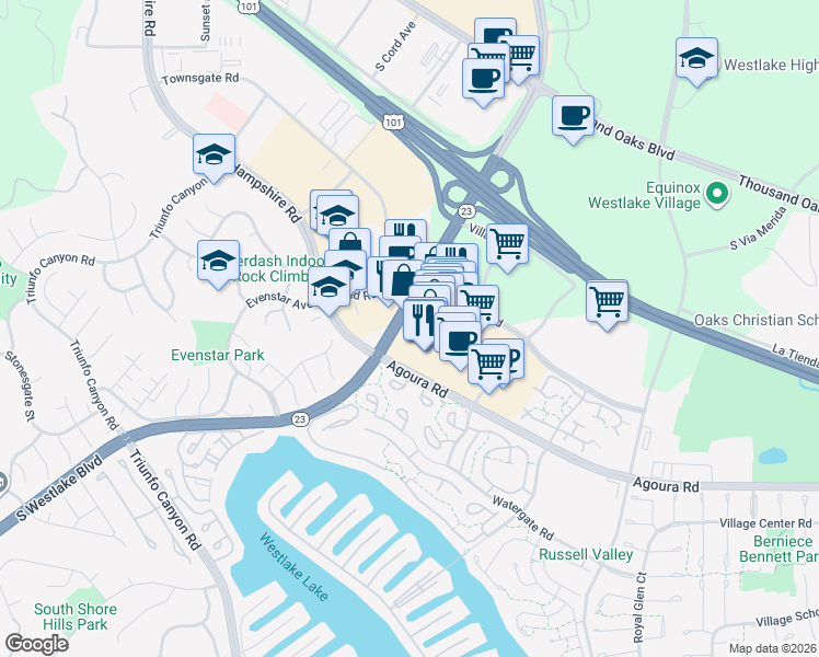map of restaurants, bars, coffee shops, grocery stores, and more near 970 South Westlake Boulevard in Thousand Oaks