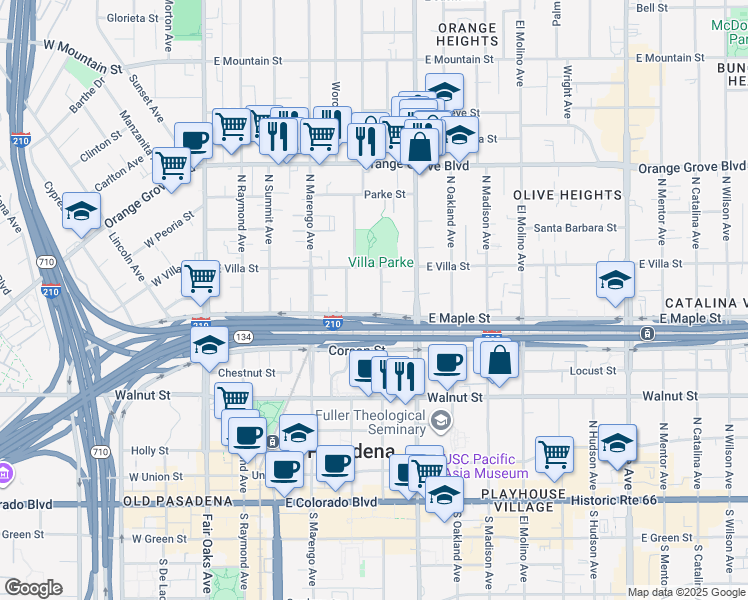 map of restaurants, bars, coffee shops, grocery stores, and more near 442 North Euclid Avenue in Pasadena