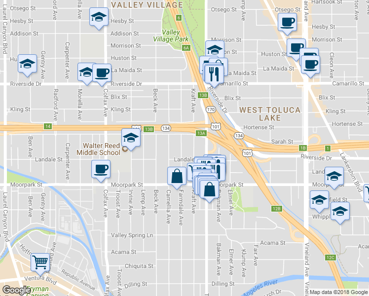 map of restaurants, bars, coffee shops, grocery stores, and more near 4528 Farmdale Avenue in Los Angeles