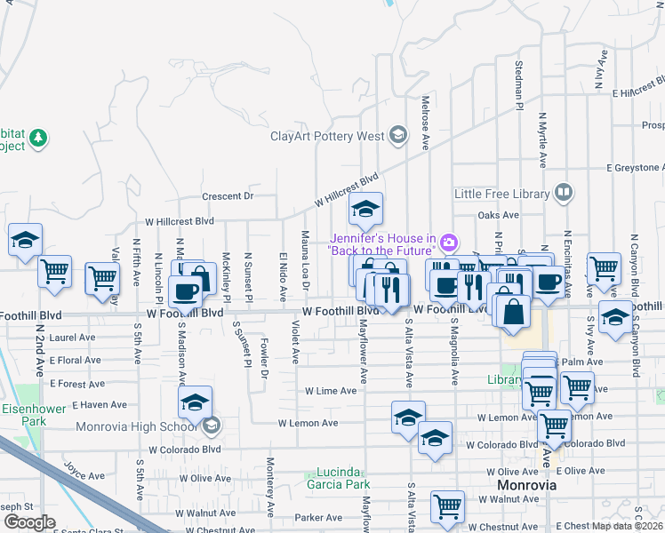 map of restaurants, bars, coffee shops, grocery stores, and more near 168 Highland Place in Monrovia