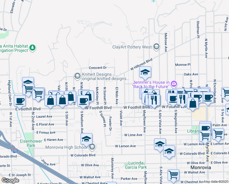 map of restaurants, bars, coffee shops, grocery stores, and more near 163 El Nido Avenue in Monrovia