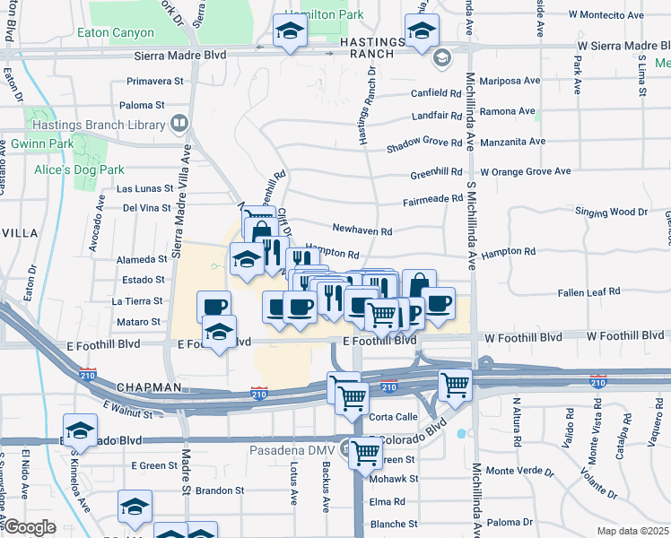 map of restaurants, bars, coffee shops, grocery stores, and more near 3680 Hampton Road in Pasadena