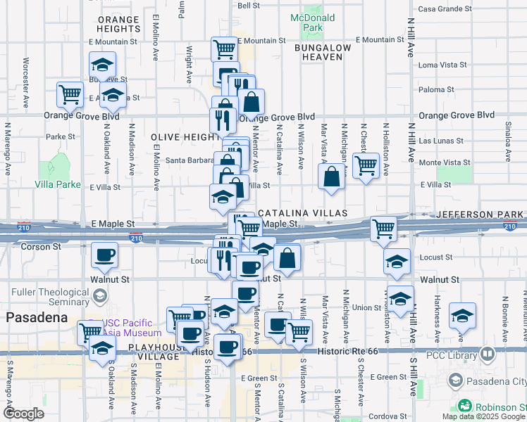 map of restaurants, bars, coffee shops, grocery stores, and more near 431 North Mentor Avenue in Pasadena