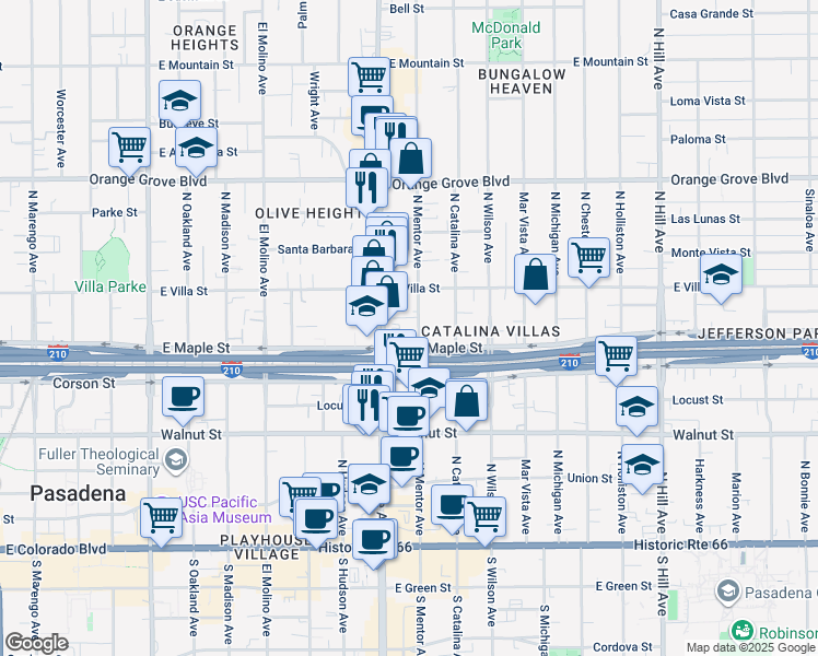 map of restaurants, bars, coffee shops, grocery stores, and more near 431 North Mentor Avenue in Pasadena