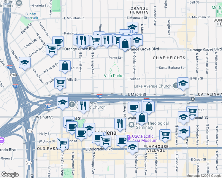 map of restaurants, bars, coffee shops, grocery stores, and more near 442 North Euclid Avenue in Pasadena